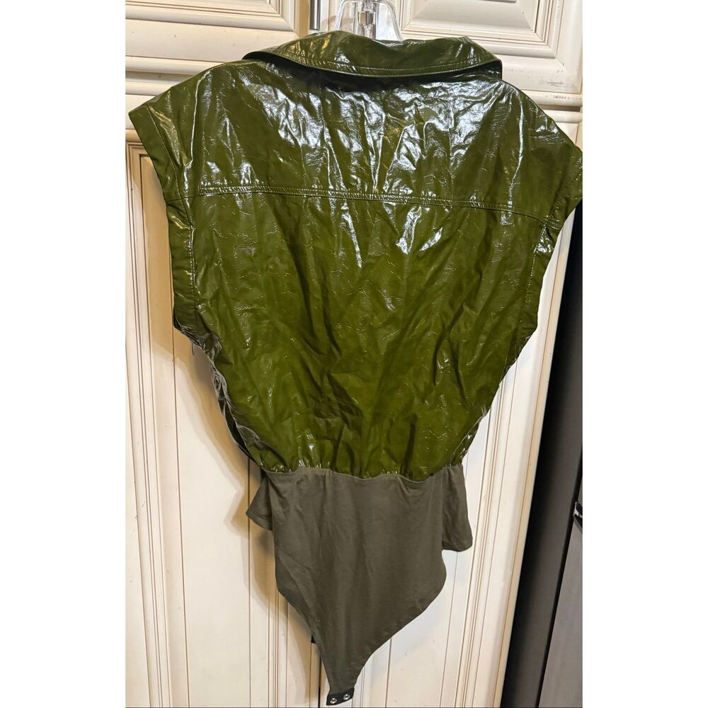 Micas Women's Faux Leather Button Patchwork Tank Sleeveless Bodysuit Olive Large - Picture 10 of 11